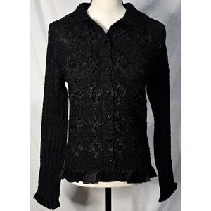 Vintage 90s Y2K Crinkle Textured Button Down Shirt Black Long Sleeve Whimsigoth